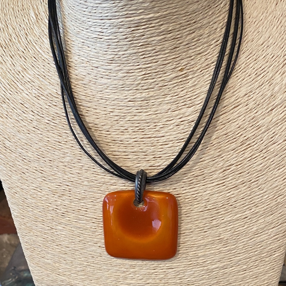 4/$10 Chicos Orange Square Pendant Necklace Faux Leather Straps  Lobster Clasp